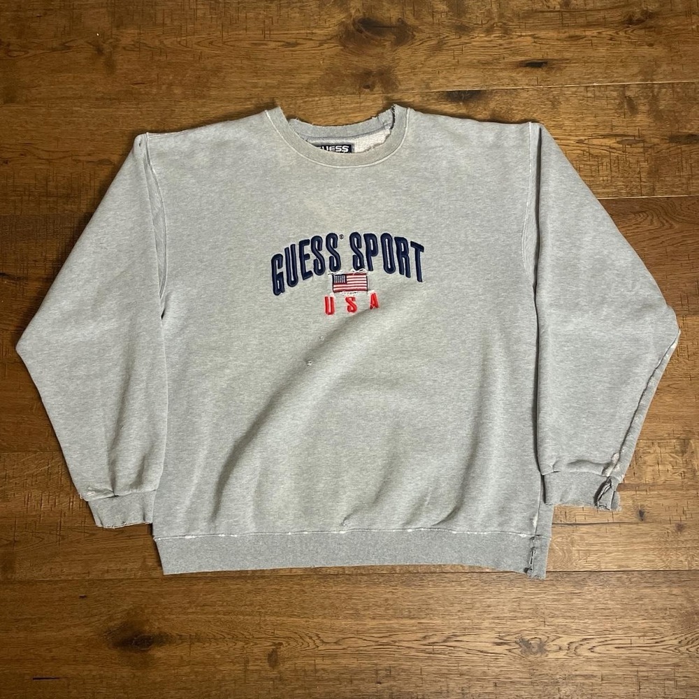 Vintage Guess Sport USA Grey Crewneck Sweatshirt Distressed 90s Mens L